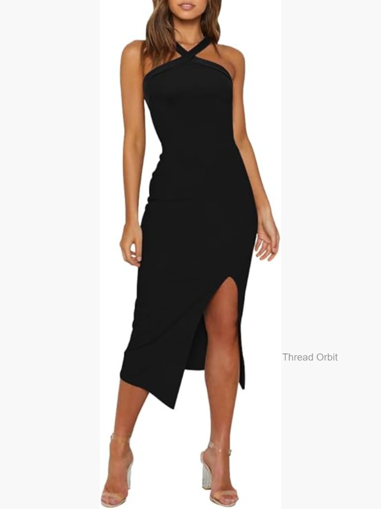 Halter Bodycon Midi Dress High Waist Side Split Formal Party Cocktail